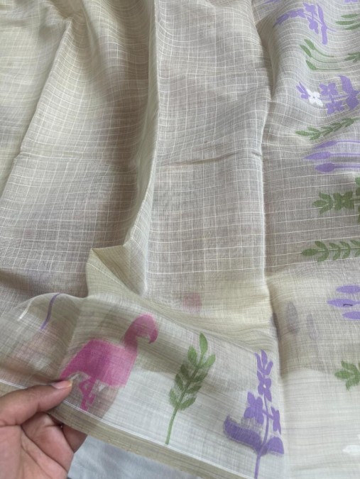 Cream with Pink Cotton Saree with Contrast Artistic Print Border