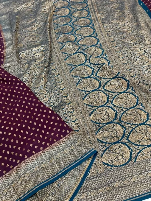 Pure crepe Purple with Blue Benaras Silk Saree