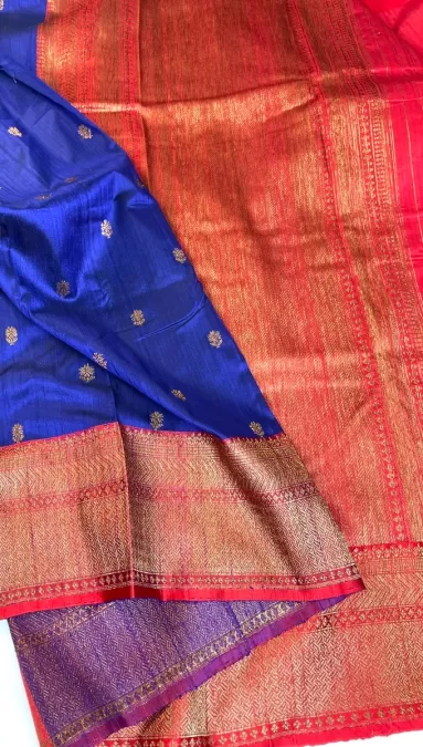 Pure Raw Silk Royal Blue with Red Benaras Silk Saree