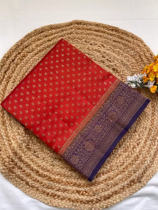 Pure Handloom Rust Orange with Purple Chiniya Benaras Silk Saree