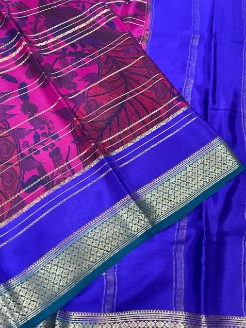 Kalamkari Printed Pink with Blue Mysore Crepe Silk Saree