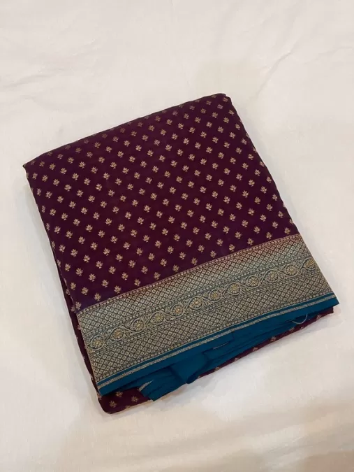 Pure crepe Purple with Blue Benaras Silk Saree