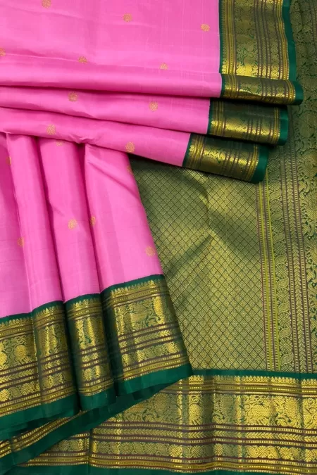 Blush Pink with Bottle Green Kanjeevaram Silk Saree
