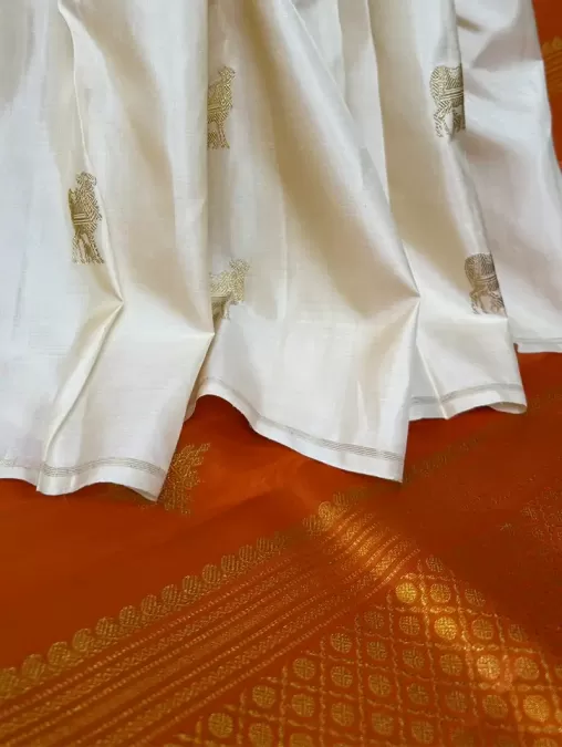 Ivory and Orange with Traditional Gold Motifs Kanjeevaram Saree