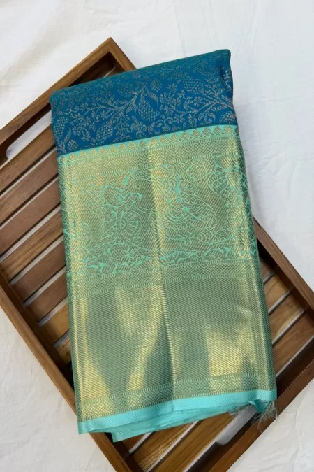 Brocade Korvai Peacock Blue with Mint Green Kanjeevaram Silk Saree
