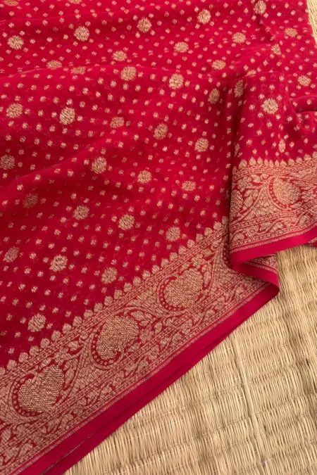 Red Khaddi Georgette Benaras Silk Saree