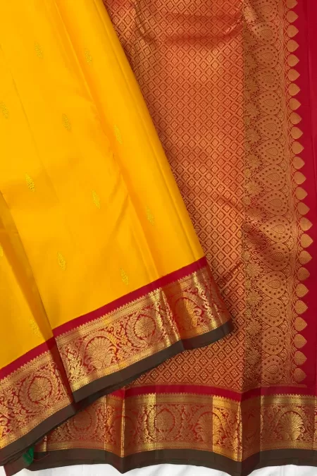 Mustard Yellow with Red Korvai Kanjeevaram Silk Saree
