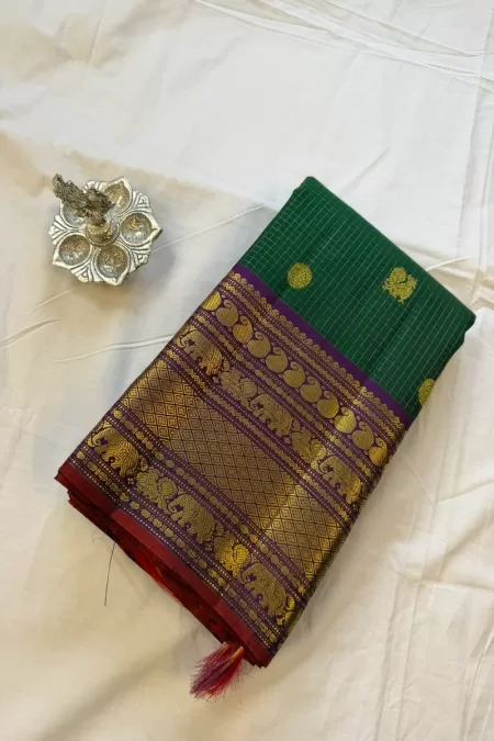 Checks Green With Purple Kanjeevaram Silk Saree