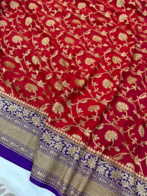 Rust Orange with Purple Khaddi Georgette Silk Saree