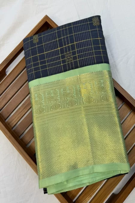 Checks Korvai Grey with Mint Green Kanjeevaram Silk Saree
