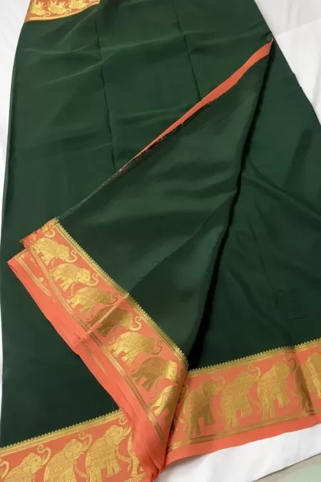 Elephant Border Bottle Green with Peach Pure Mysore Crepe Silk Saree