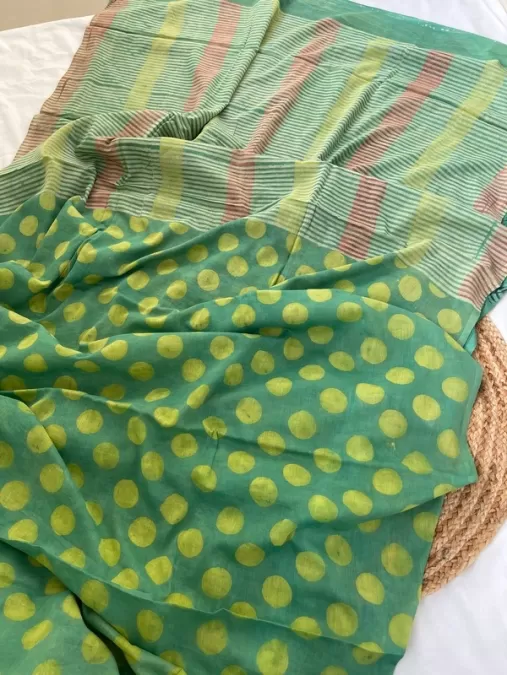Polka Green Mul Cotton Saree with Handblock Print