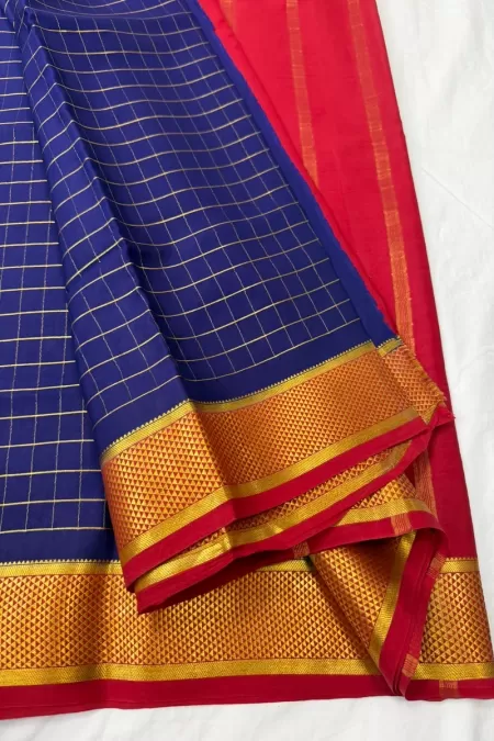 Checks Navy Blue with Red Pure Mysore Crepe Silk Saree