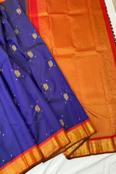 Korvai Navy Blue with Earthy Red Kanjeevaram Silk Saree