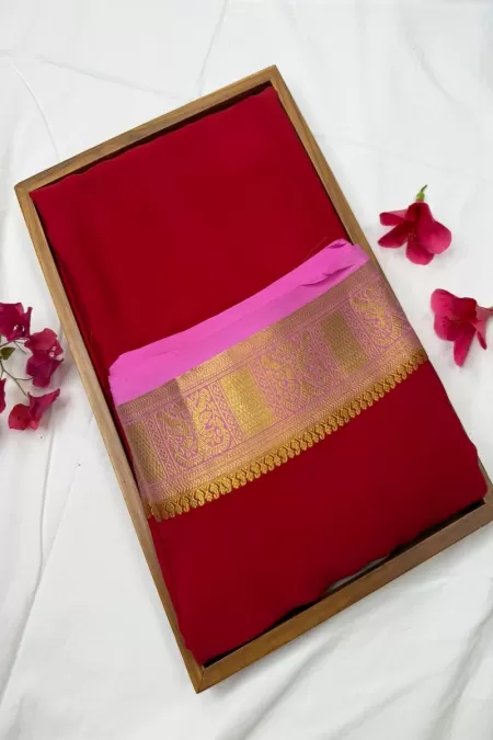 Red with Light Pink Pure Mysore Crepe Silk Saree