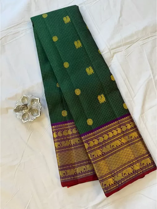 Checks Green With Purple Kanjeevaram Silk Saree
