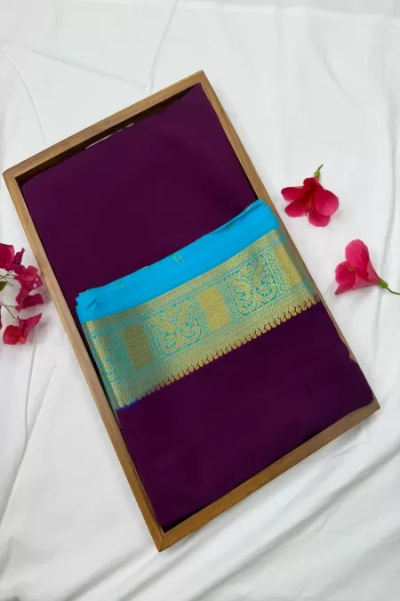 Wine with Blue Pure Mysore Crepe Silk Saree