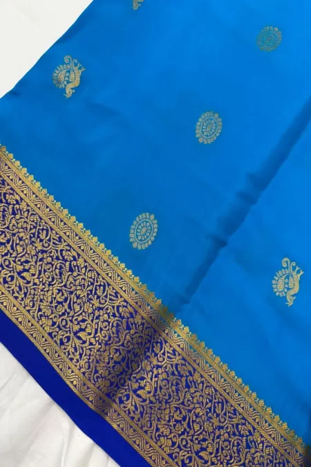 Contrast Butta Blue with Royal Blue Pure Mysore Crepe Silk Saree