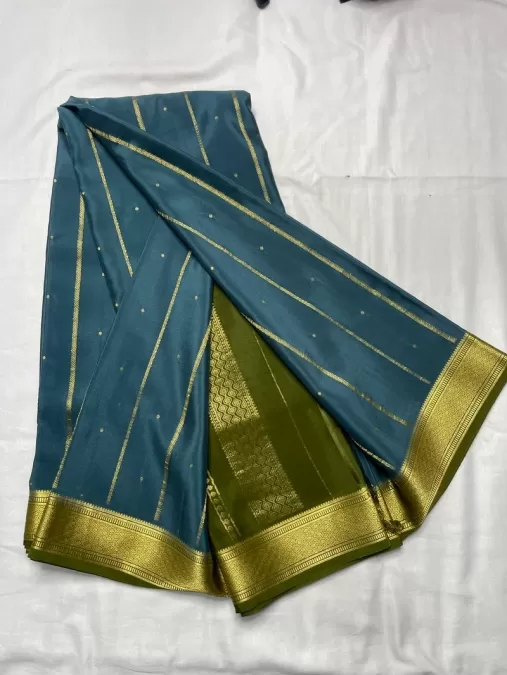 Teal Blue Mysore Crepe Silk Saree with Gold Zari Stripes &amp; Olive Green Border