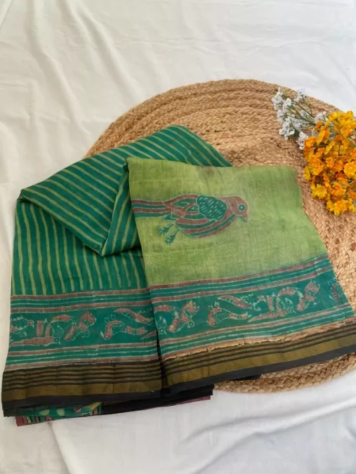 Green Maheshwari Silk by Cotton Saree in Handblock Print