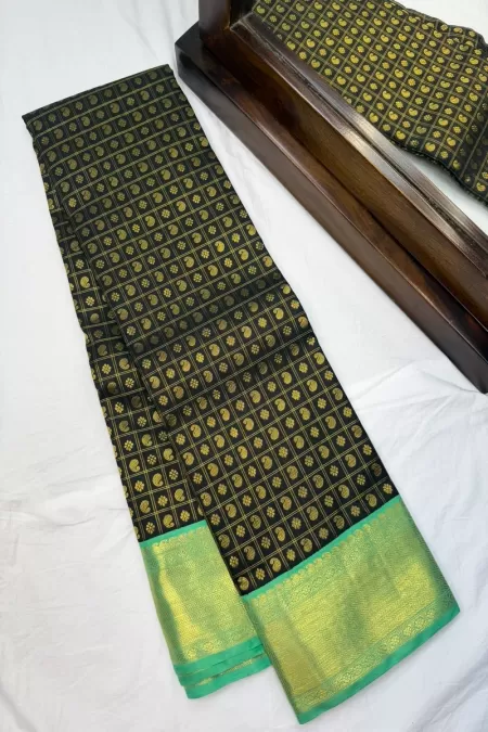 Dark Navy Blue with Sea Green Checks Butta Korvai Kanjeevaram Silk Saree