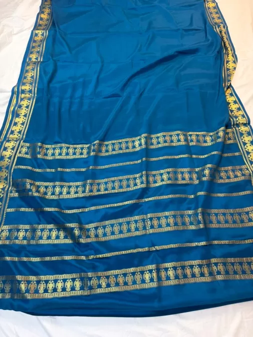 Gandaberunda Dark Blue Mysore Crepe Silk Saree