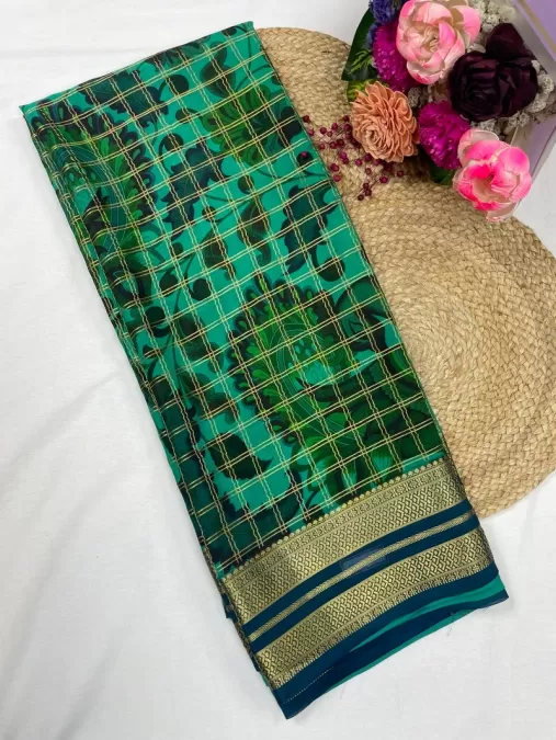 Rama Green Mysore Crepe Silk Saree with Kalamkari Print