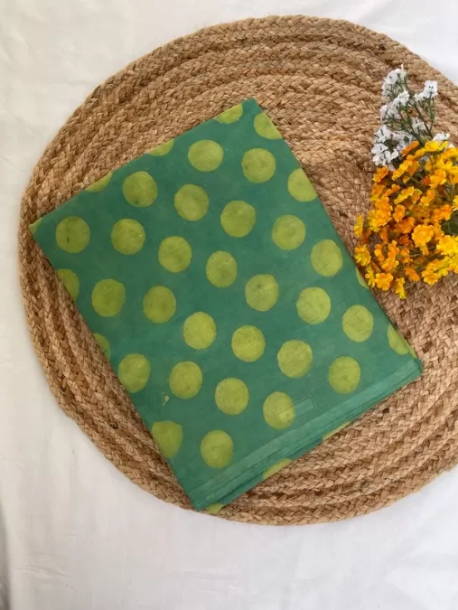 Polka Green Mul Cotton Saree with Handblock Print