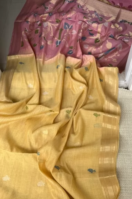 Cotton Jamdhani Weave Yellow with Pink Saree