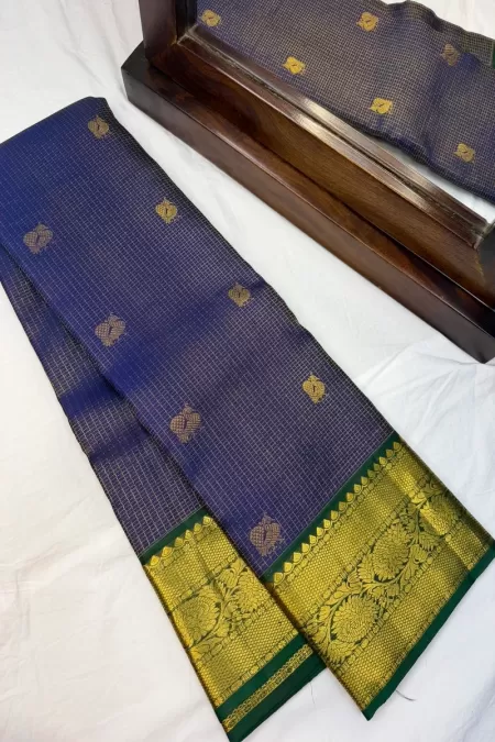 Checks MS Blue with Green Korvai Kanjeevaram Silk Saree
