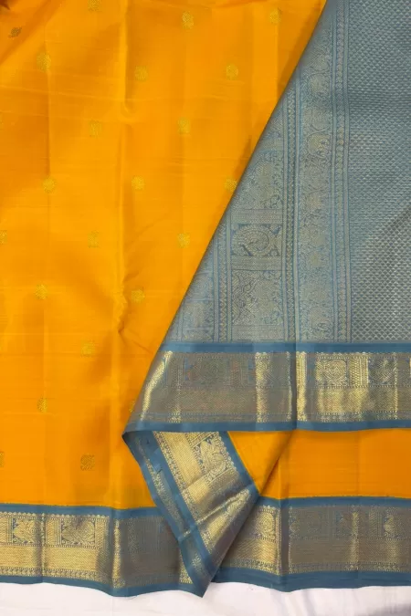 Yellow with Powder Blue Pure Zari Korvai Kanjeevaram Silk Saree