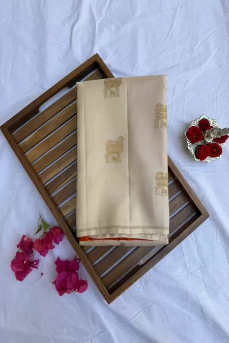 Borderless Pure Zari Ivory with Orange Kanjeevaram Silk Saree