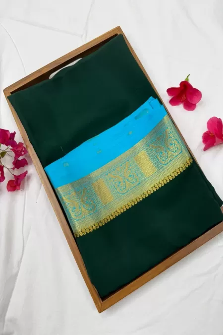 Bottle Green with Blue Pure Mysore Crepe Silk Saree