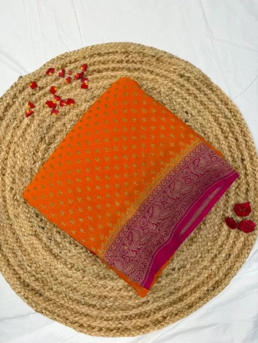 Orange with Pink Khaddi Georgette Silk Saree