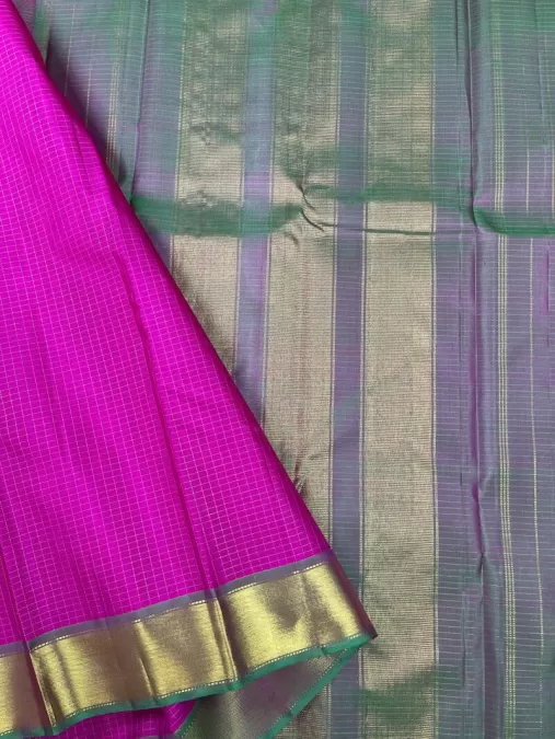 Small Checks Pink with Green Kanjeevaram Silk Saree