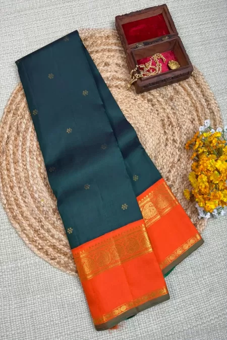 Butta Dark Green with Orange Kanjeevaram Silk Saree