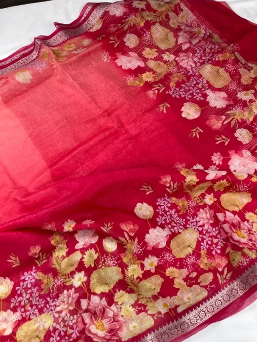 Pure Linen by Silk Ombre Saree with Floral Print