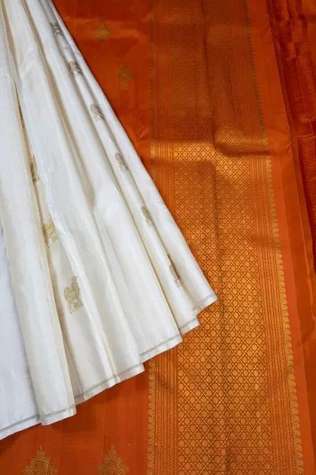 Borderless Pure Zari Ivory with Orange Kanjeevaram Silk Saree