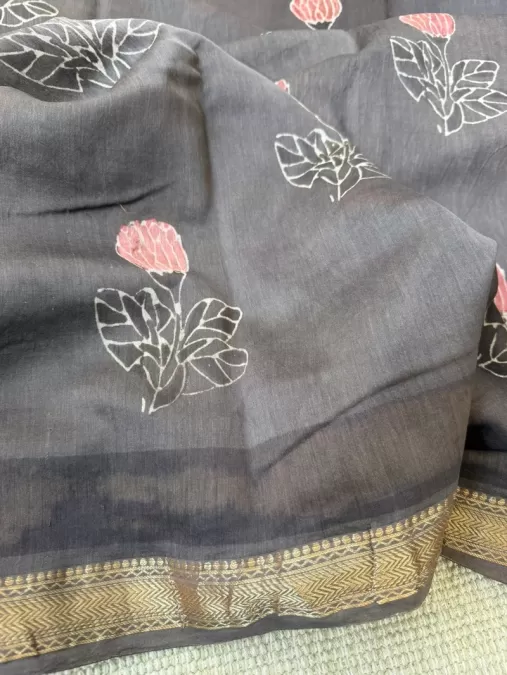 Brown Maheshwari Silk by Cotton Handblock Saree with Natural Nashpal Dye