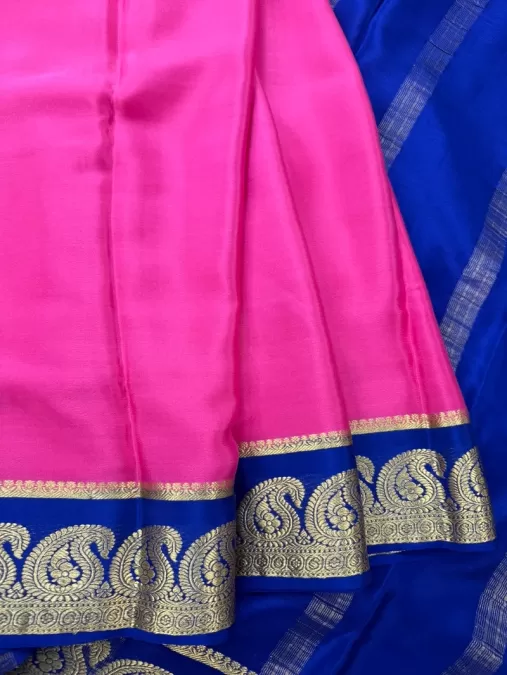 Pink with Dark Blue Mysore Crepe Silk Saree