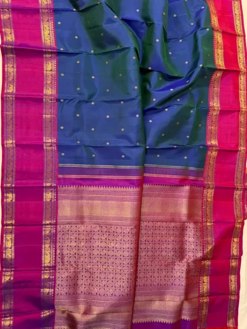 Gap Border Peacock Blue with Magenta Pink Kanjeevaram Silk Saree