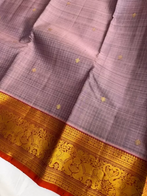 Checks Soft Lavender with Rust Orange Kanjeevaram Silk Saree