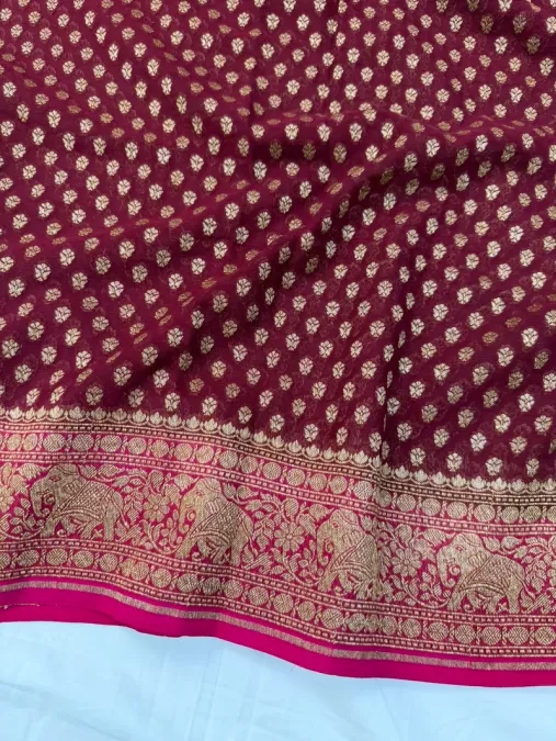 Maroon with Pink Khaddi Georgette Silk Saree