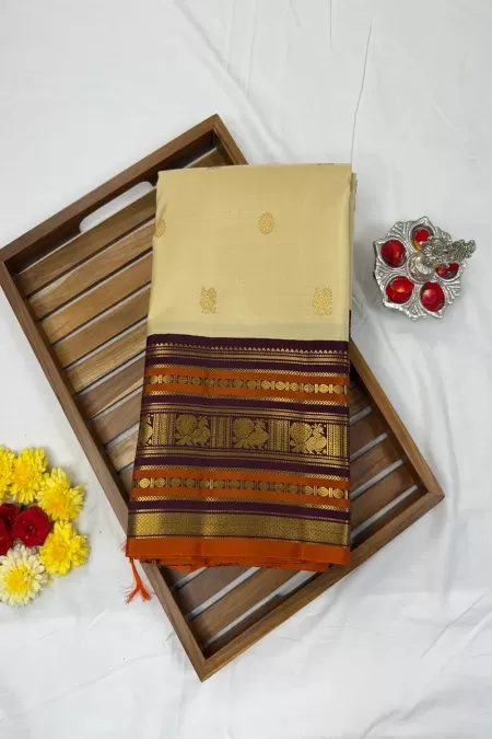 Cream with Purple Kanjeevaram Silk Saree