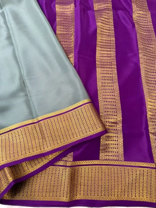 English Green with Purple Mysore Crepe Silk Saree