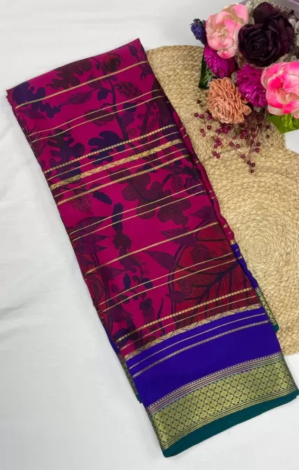 Kalamkari Printed Pink with Blue Mysore Crepe Silk Saree