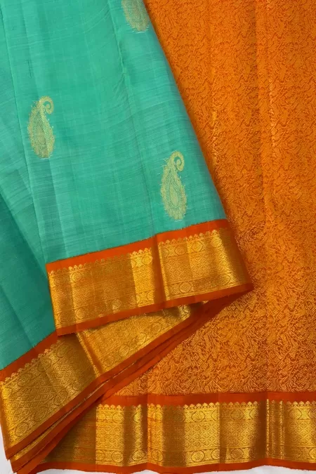 Sea Green with Orange Korvai Kanjeevaram Silk Saree