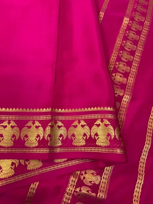 Gandaberunda Pink Mysore Crepe Silk Saree