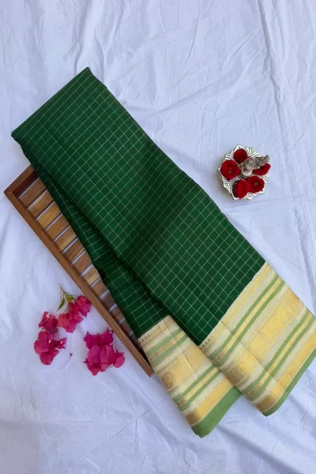Checks Bottle Green with Cream Kanjeevaram Silk Saree