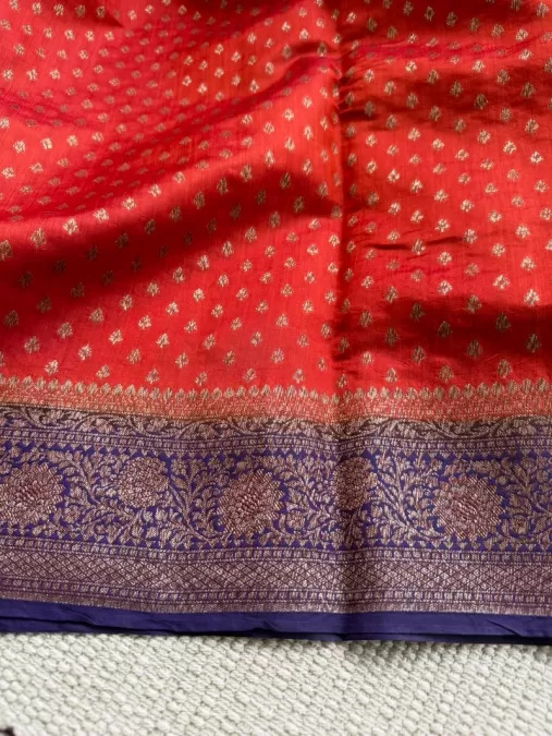 Pure Handloom Rust Orange with Purple Chiniya Benaras Silk Saree